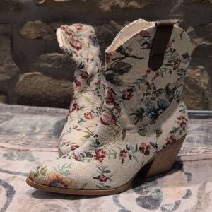 Floral Fabric Western Ankle Boots - Cream